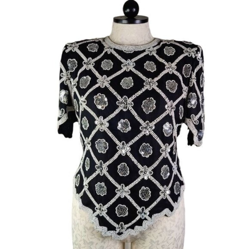 VTG Pearl Beaded Sequenced Lawrence Kazar Black Short Sleeve Formal SILK Top